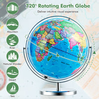 Illuminated World Globe w/ Stand, 33cm/13” Desktop Globe w/ LED Light & Clear Map