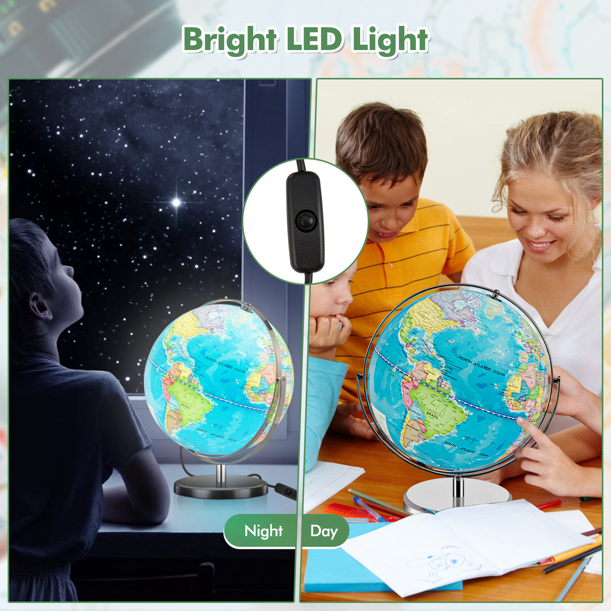 Illuminated World Globe w/ Stand, 33cm/13” Desktop Globe w/ LED Light & Clear Map