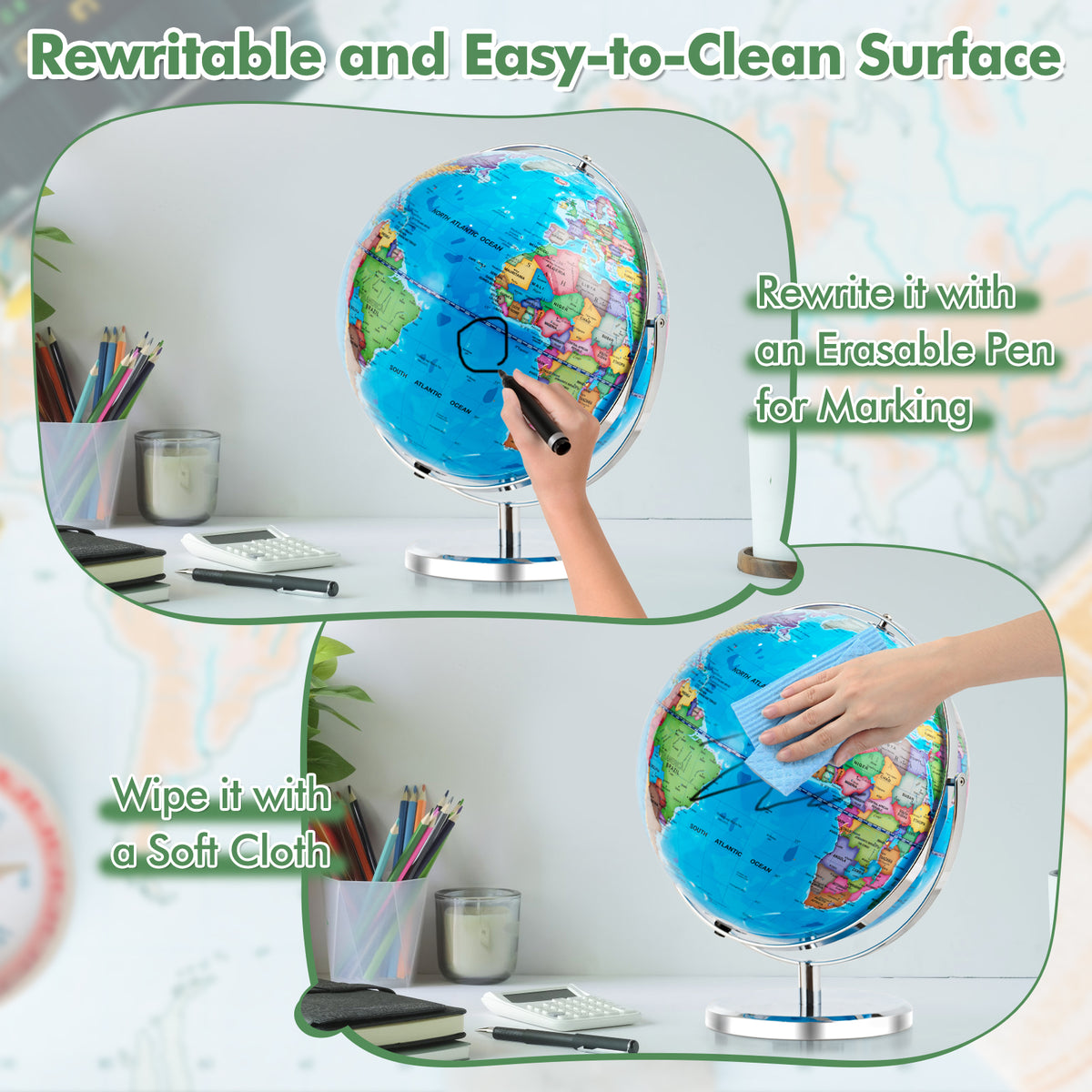 Illuminated World Globe w/ Stand, 33cm/13” Desktop Globe w/ LED Light & Clear Map