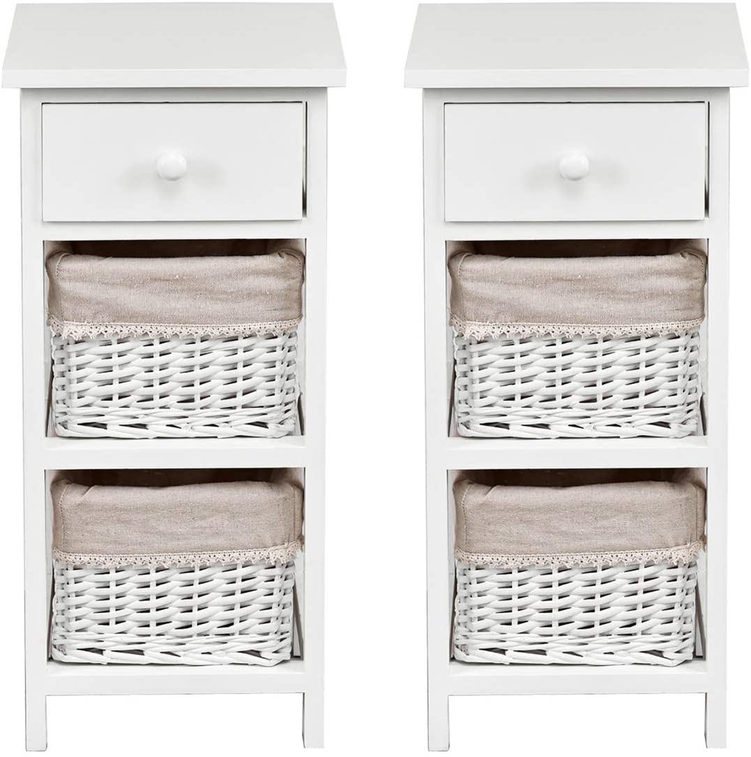 Giantex 3-Tier Bedside Table Paulownia Wood, Bedside Cabinet w/Wooden Drawer & 2 Basket Drawers