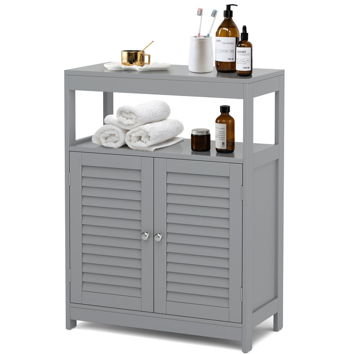 Bathroom Floor Cabinet, Wooden Storage Cabinet with Double Shutter Door & Adjustable Shelf