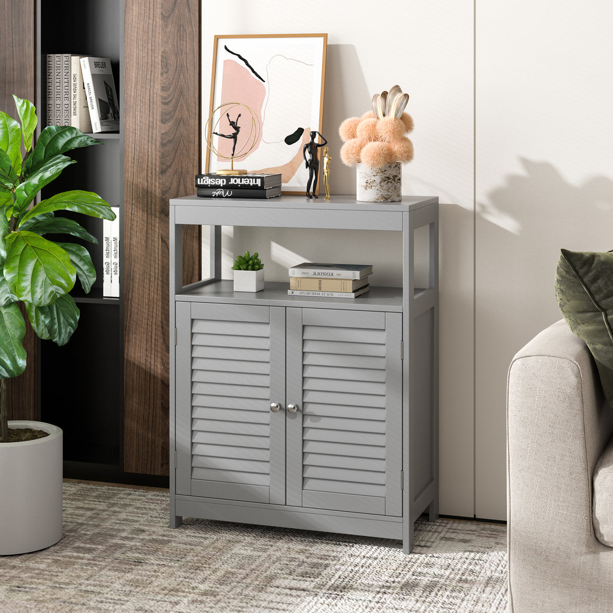 Bathroom Floor Cabinet, Wooden Storage Cabinet with Double Shutter Door & Adjustable Shelf