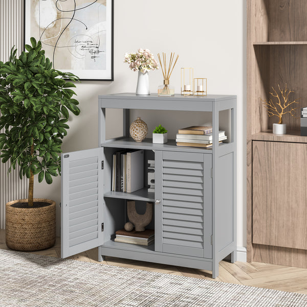 Bathroom Floor Cabinet, Wooden Storage Cabinet with Double Shutter Door & Adjustable Shelf