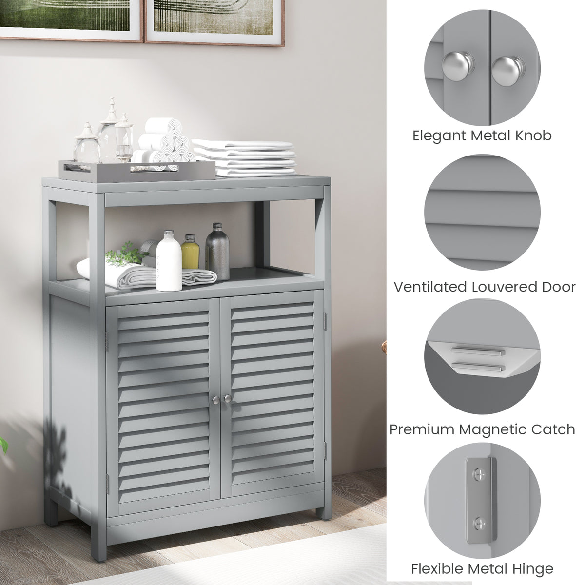 Bathroom Floor Cabinet, Wooden Storage Cabinet with Double Shutter Door & Adjustable Shelf