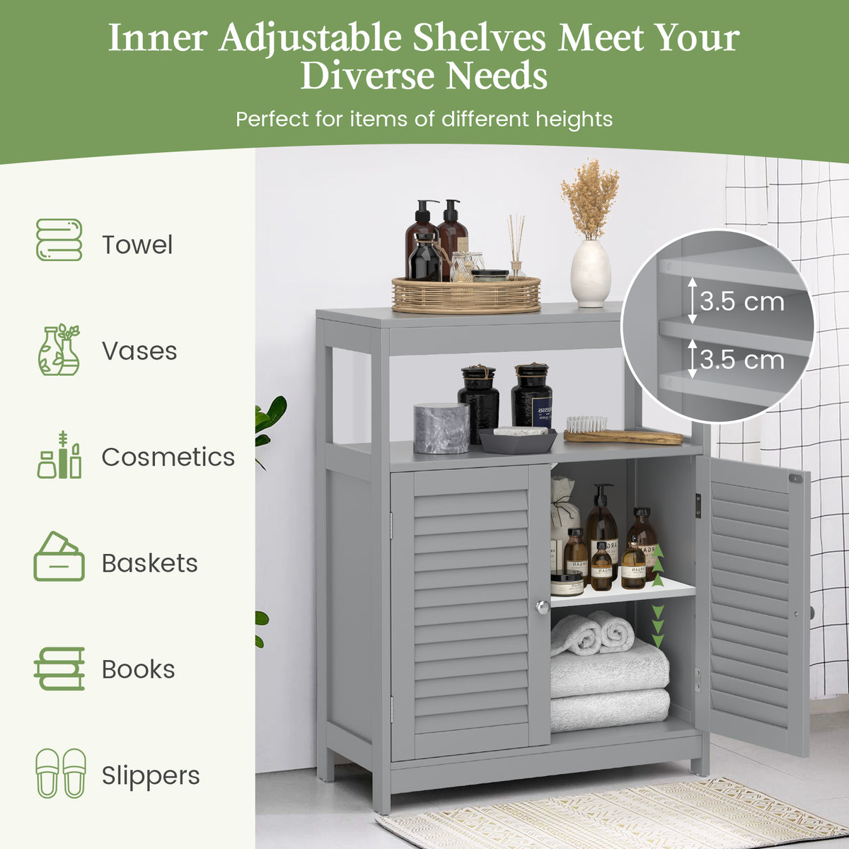 Bathroom Floor Cabinet, Wooden Storage Cabinet with Double Shutter Door & Adjustable Shelf