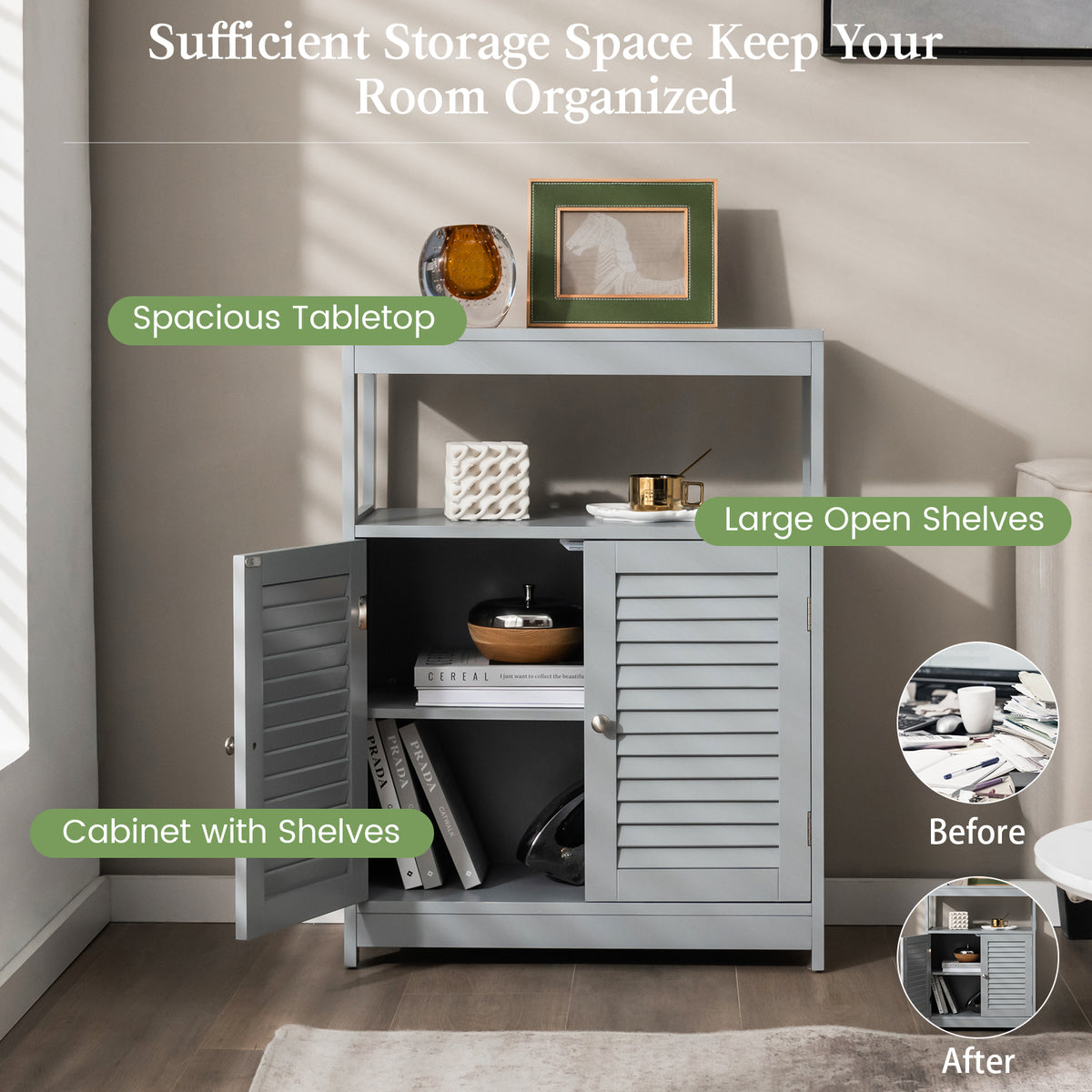 Bathroom Floor Cabinet, Wooden Storage Cabinet with Double Shutter Door & Adjustable Shelf