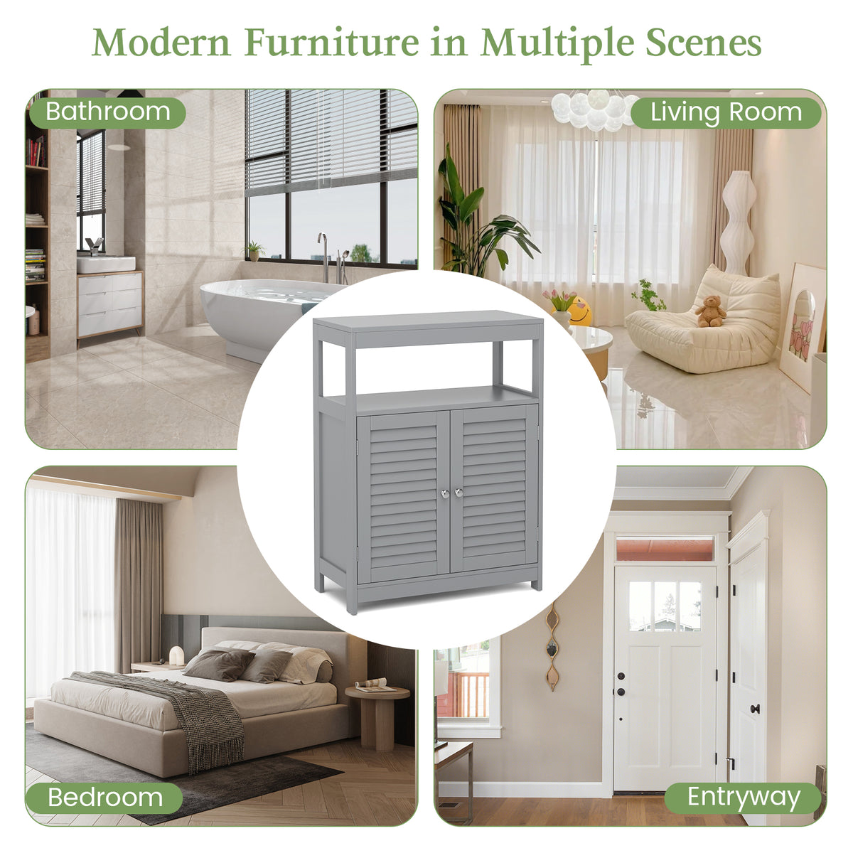 Bathroom Floor Cabinet, Wooden Storage Cabinet with Double Shutter Door & Adjustable Shelf