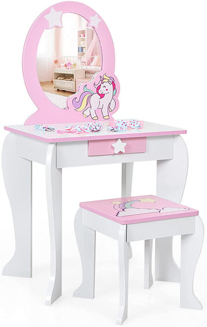 Kids Vanity Table and Chair Set with Mirror and Stool TOP 50 Bonus Trinkets Set