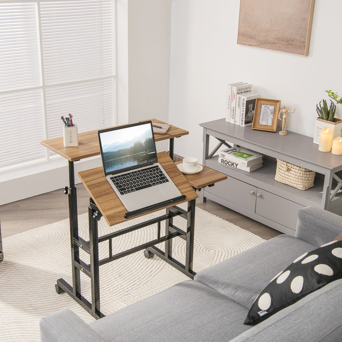 Giantex Mobile Stand up Computer Desk, Rolling Standing Laptop Cart with 2 Tilting Desktops