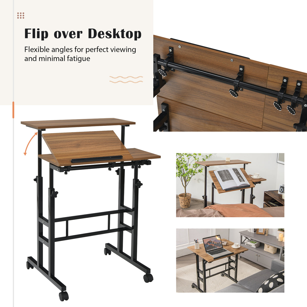 Giantex Mobile Stand up Computer Desk, Rolling Standing Laptop Cart with 2 Tilting Desktops