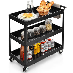 3-Tier Utility Cart, Heavy Duty Service Cart with Ample Storage Space & Humanized Handle