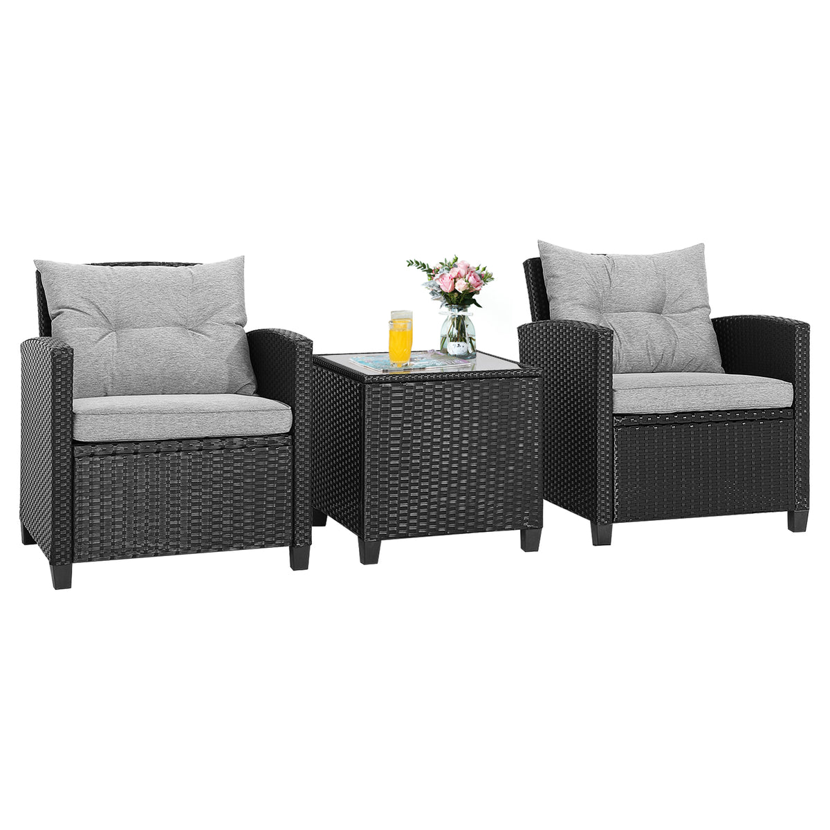 3 Pieces Patio Lounge Set, PE Rattan Wicker Outdoor Sofa Set w/Washable Cushion and Tempered Glass Tabletop