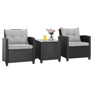 3 Pieces Patio Lounge Set, PE Rattan Wicker Outdoor Sofa Set w/Washable Cushion and Tempered Glass Tabletop