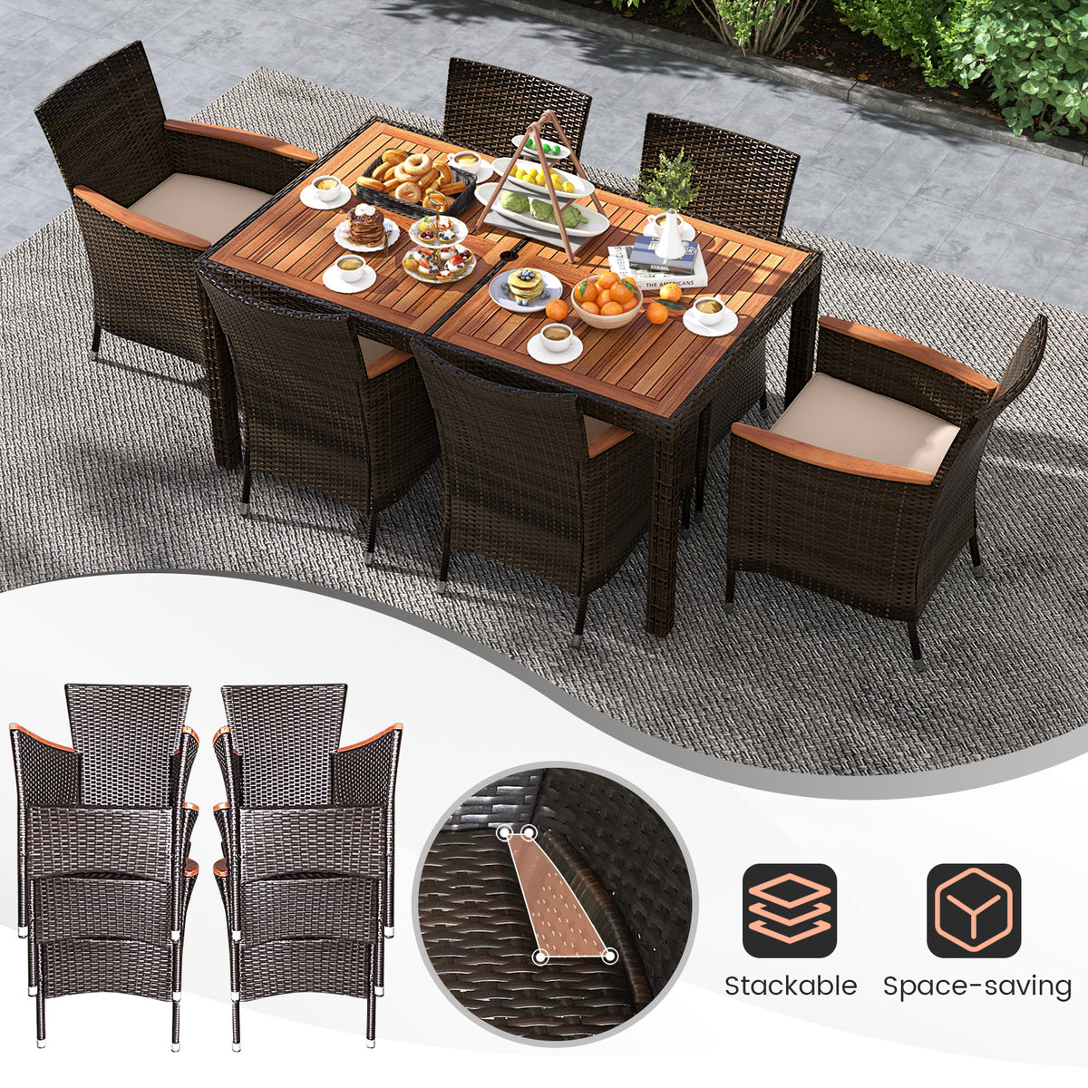 7 Piece Patio Rattan Dining Set, 6 Stackable Cushioned Armchairs