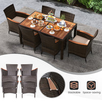 7 Piece Patio Rattan Dining Set, 6 Stackable Cushioned Armchairs