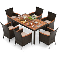 7 Piece Patio Rattan Dining Set, 6 Stackable Cushioned Armchairs