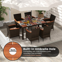 7 Piece Patio Rattan Dining Set, 6 Stackable Cushioned Armchairs