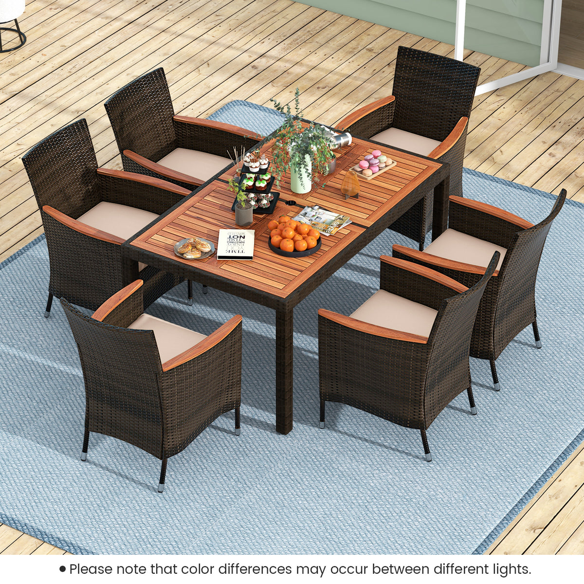 7 Piece Patio Rattan Dining Set, 6 Stackable Cushioned Armchairs