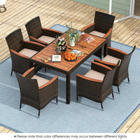 7 Piece Patio Rattan Dining Set, 6 Stackable Cushioned Armchairs