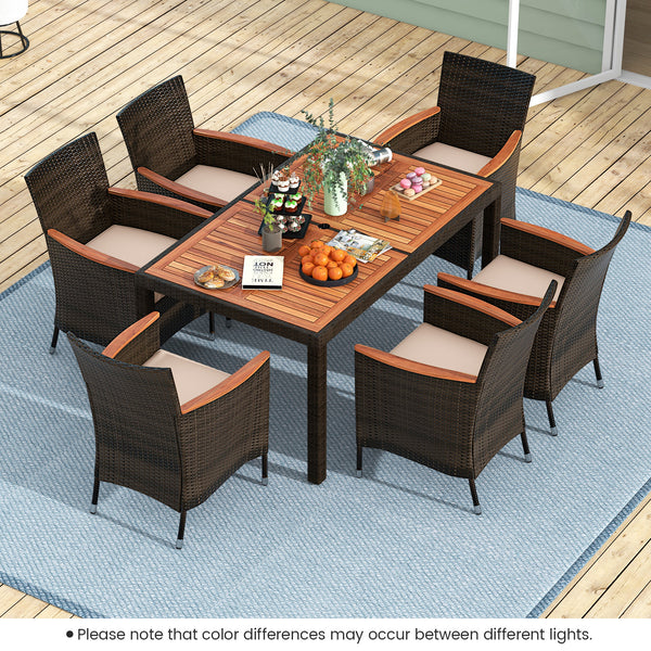 7 Piece Patio Rattan Dining Set, 6 Stackable Cushioned Armchairs