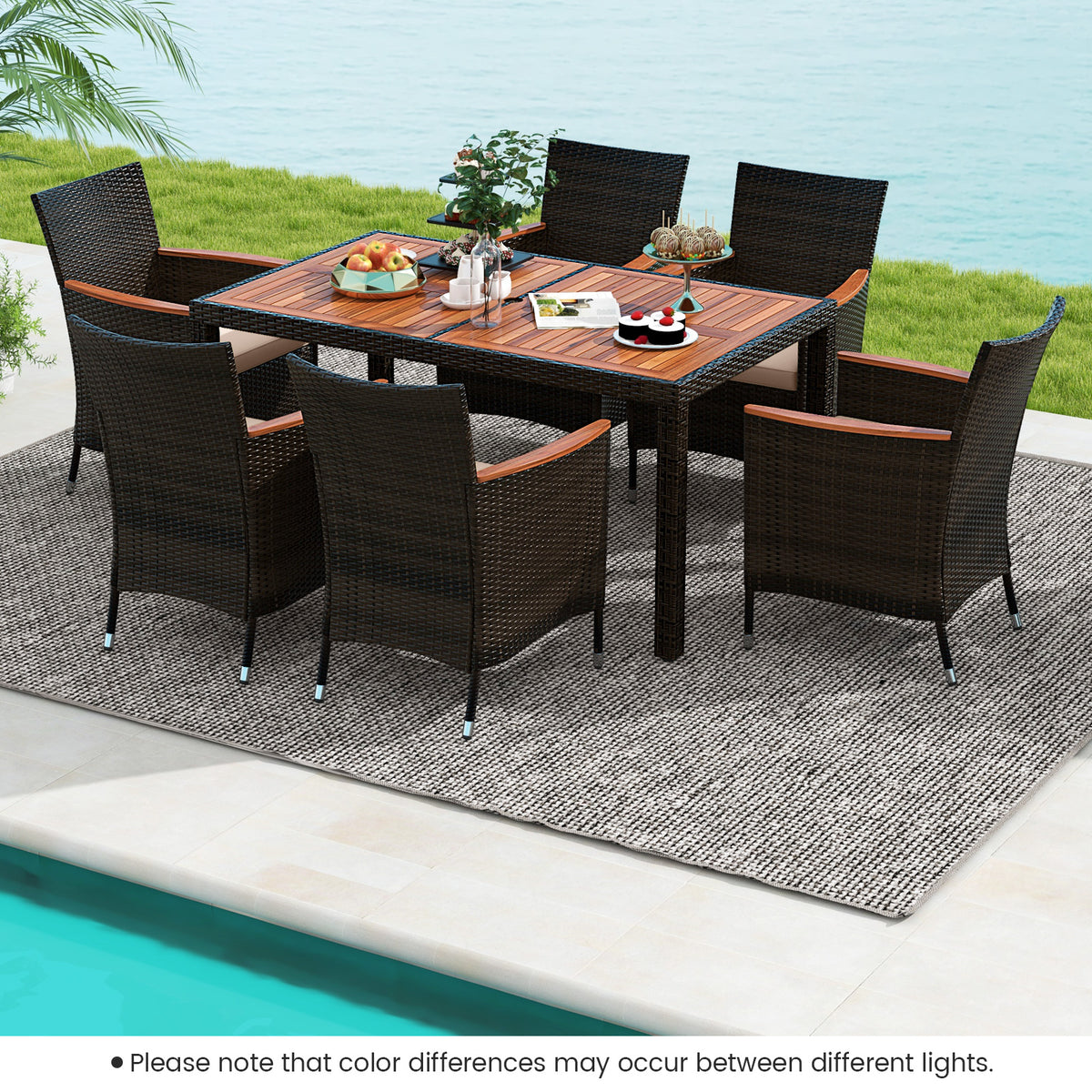 7 Piece Patio Rattan Dining Set, 6 Stackable Cushioned Armchairs