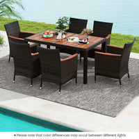 7 Piece Patio Rattan Dining Set, 6 Stackable Cushioned Armchairs