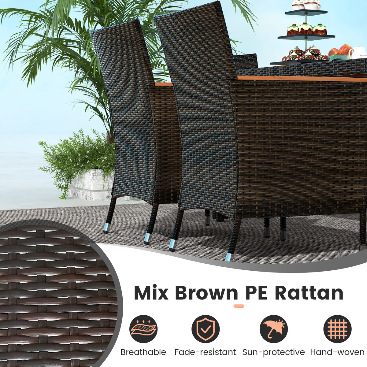 7 Piece Patio Rattan Dining Set, 6 Stackable Cushioned Armchairs