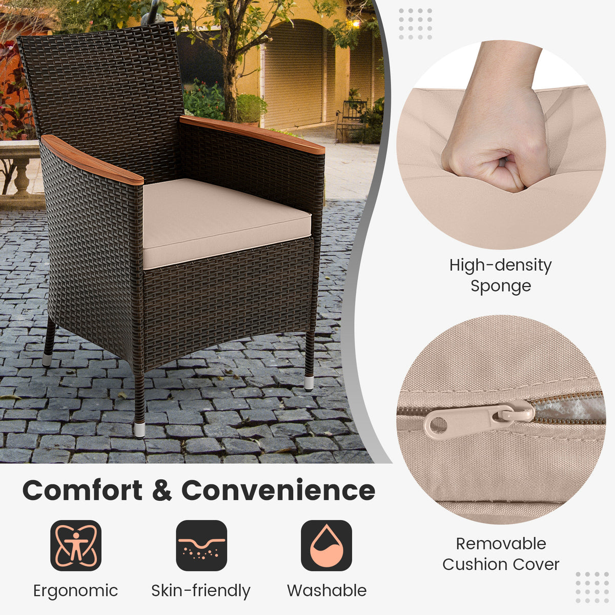 7 Piece Patio Rattan Dining Set, 6 Stackable Cushioned Armchairs