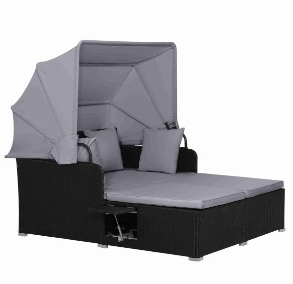 Outdoor Rattan Daybed W/Retractable Canopy, Washable Cushion & Pillow