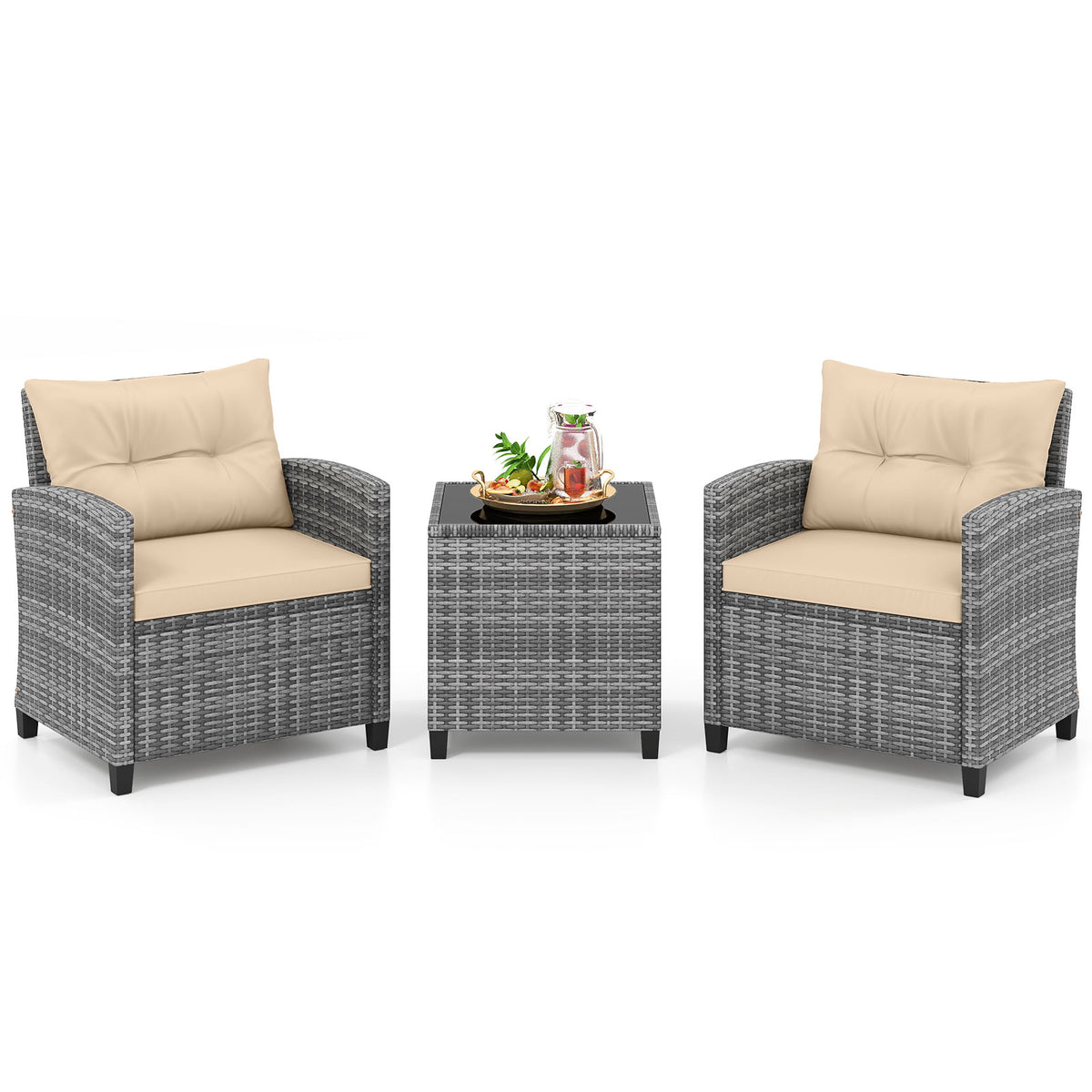 3 Pieces Patio Rattan Sofa Set with Soft Seat for Poolside & Backyard