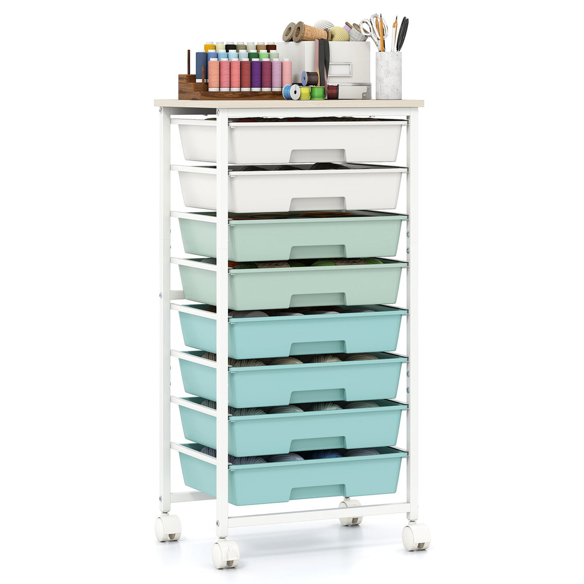 Utility Cart with Wooden Tabletop and Lockable Wheels Office and Art Craft Storage Organizer