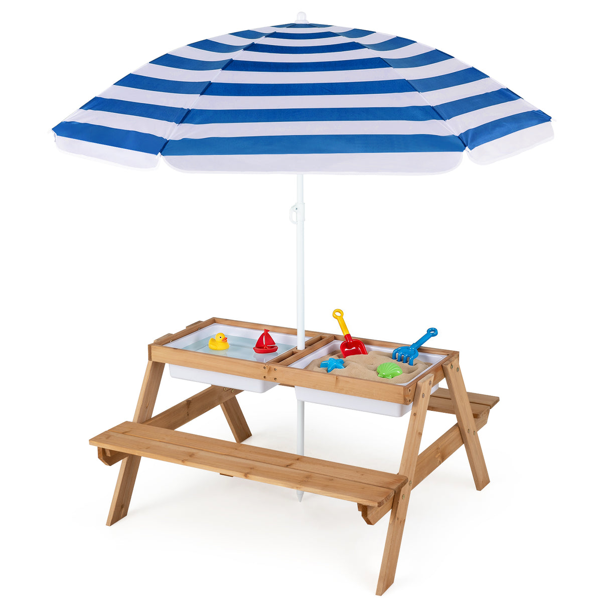 3-in-1 Kids Picnic Table Set, Children Water and Sand Table w/Removable & Height Adjustable Umbrella