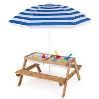 3-in-1 Kids Picnic Table Set, Children Water and Sand Table w/Removable & Height Adjustable Umbrella