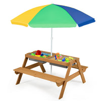 3-in-1 Kids Picnic Table Set, Children Water and Sand Table w/Removable & Height Adjustable Umbrella