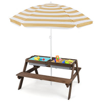 3-in-1 Kids Picnic Table Set, Children Water and Sand Table w/Removable & Height Adjustable Umbrella