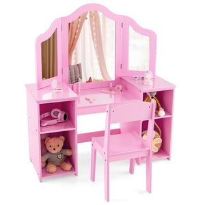 2 In 1 Kids Vanity Table and Chair Set with Removable Tri-fold Mirror for Girls Aged 3+