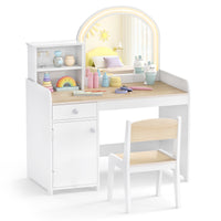 Kids Vanity Table with Stool, Children Makeup Table & Chair Set with 2-Color LED Lights, Mirror, Shelves