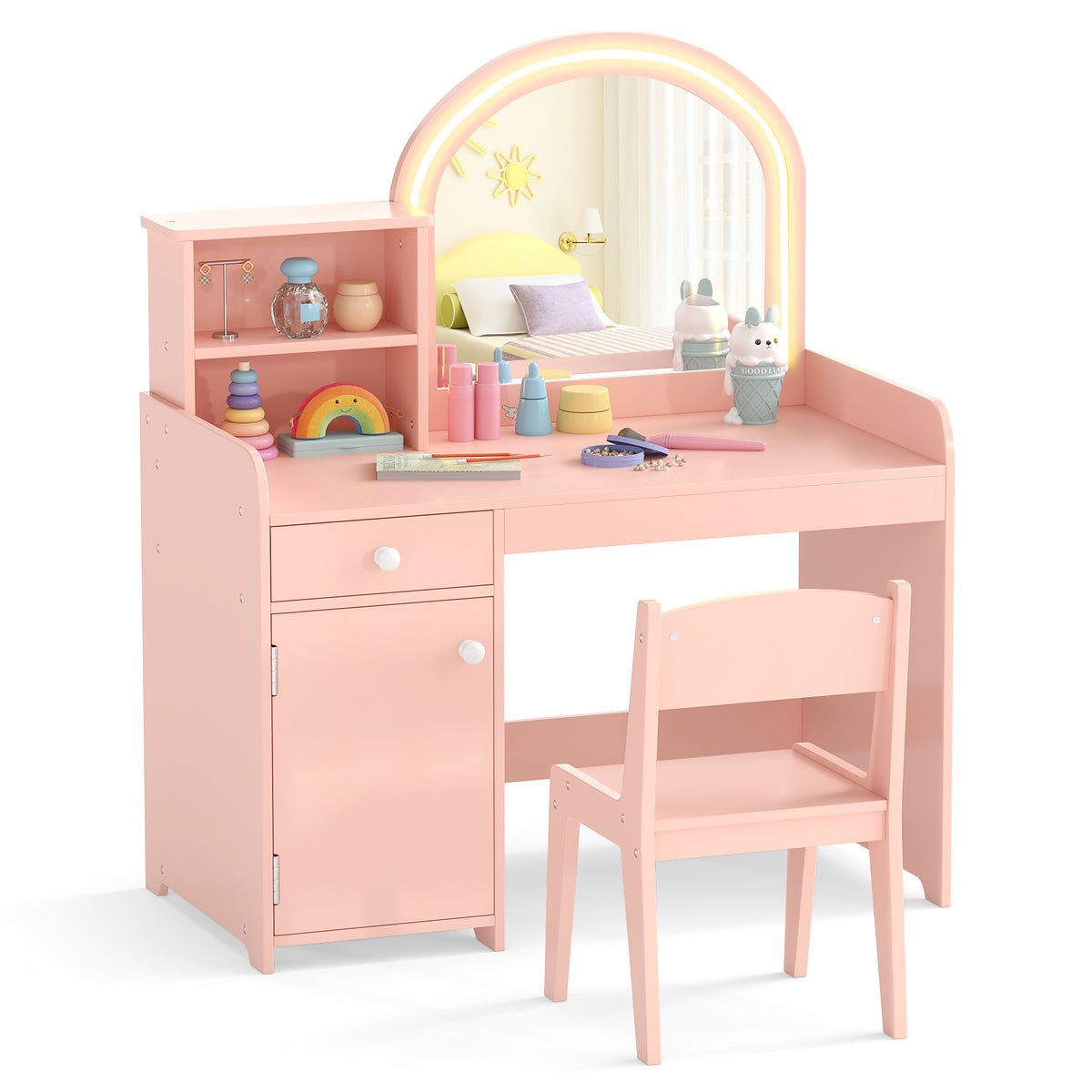 Kids Vanity Table with Stool, Children Makeup Table & Chair Set with 2-Color LED Lights, Mirror, Shelves