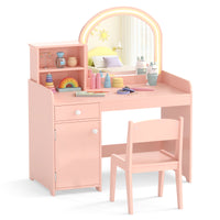 Kids Vanity Table with Stool, Children Makeup Table & Chair Set with 2-Color LED Lights, Mirror, Shelves