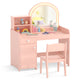Kids Vanity Table with Stool, Children Makeup Table & Chair Set with 2-Color LED Lights, Mirror, Shelves