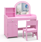 Kids Vanity Table with Stool, Children Makeup Table & Chair Set with 2-Color LED Lights, Mirror, Shelves