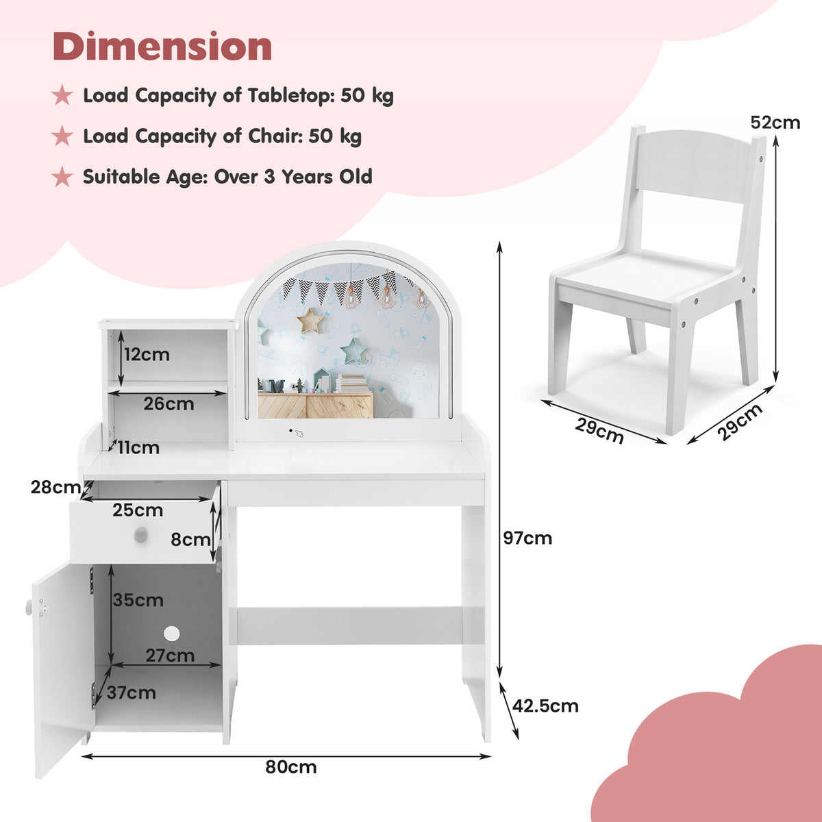 Kids Vanity Table with Stool, Children Makeup Table & Chair Set with 2-Color LED Lights, Mirror, Shelves