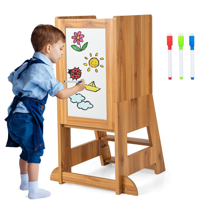 2 in 1 Wooden Kitchen Step Stop with Whiteboard & Blackboard, 3 Water-Based Pens