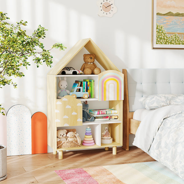 Kids Dollhouse Bookshelf, House-shaped Bookcase with 2 Doors