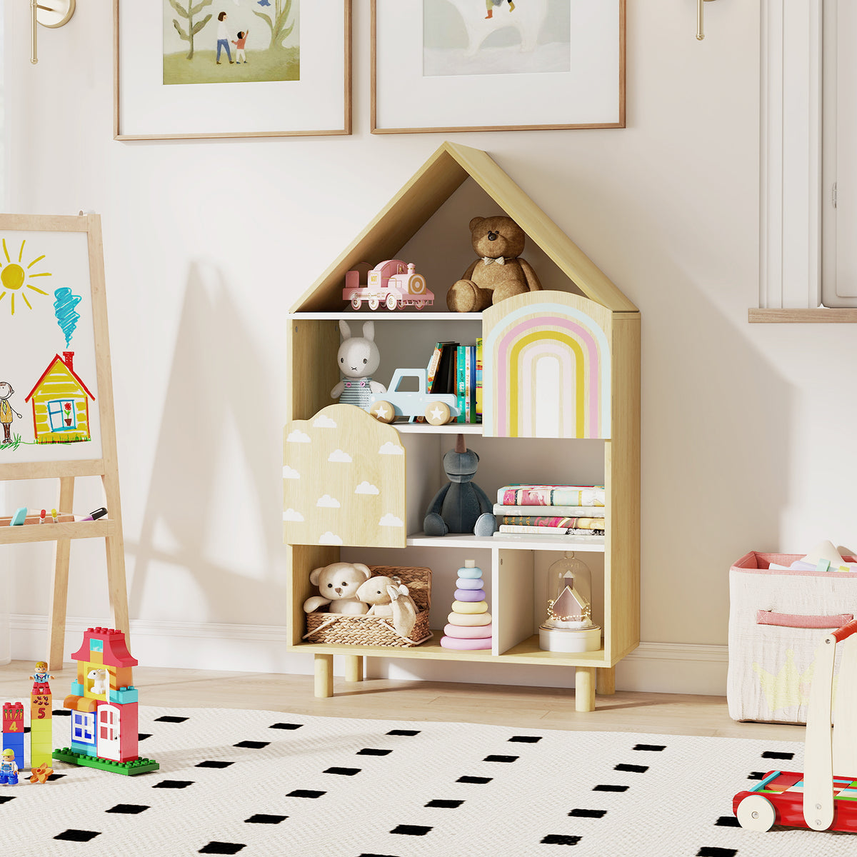 Kids Dollhouse Bookshelf, House-shaped Bookcase with 2 Doors