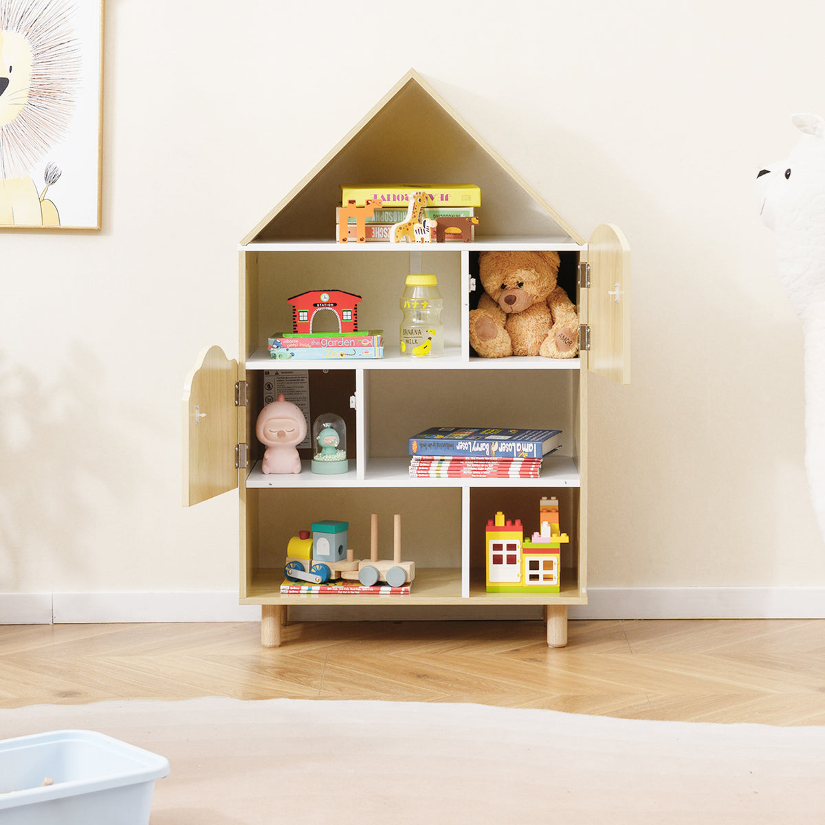 Kids Dollhouse Bookshelf, House-shaped Bookcase with 2 Doors