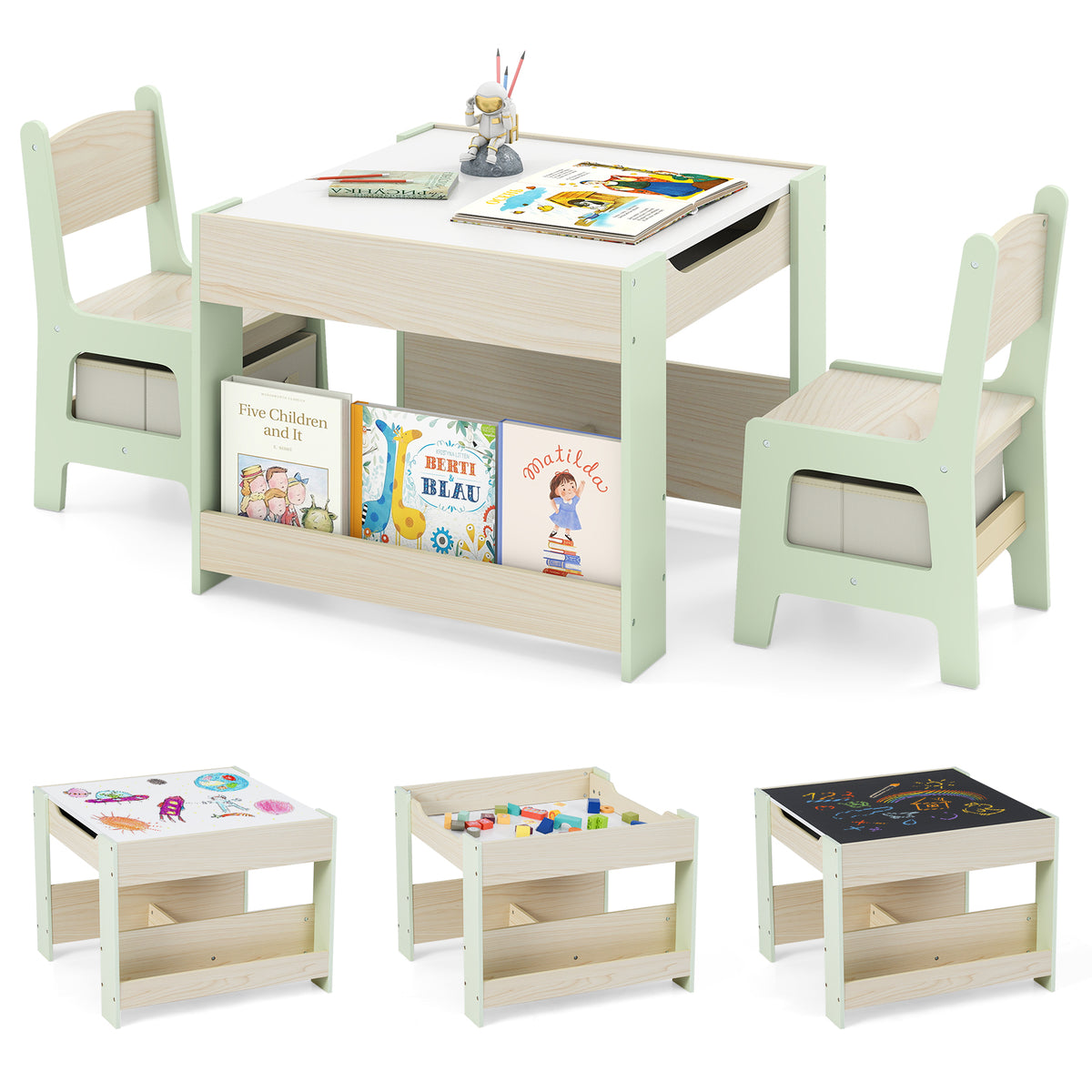 4-in-1 Kids Wooden Activity Table with Reversible Blackboard and Bookshelves