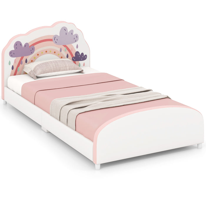 Single Bed Frames for Kids, Wood Upholstered Twin Bed Platform with Slat Support