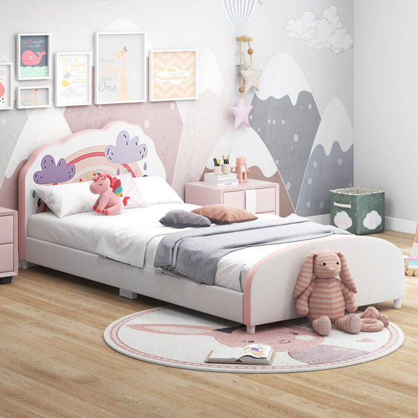 Single Bed Frames for Kids, Wood Upholstered Twin Bed Platform with Slat Support