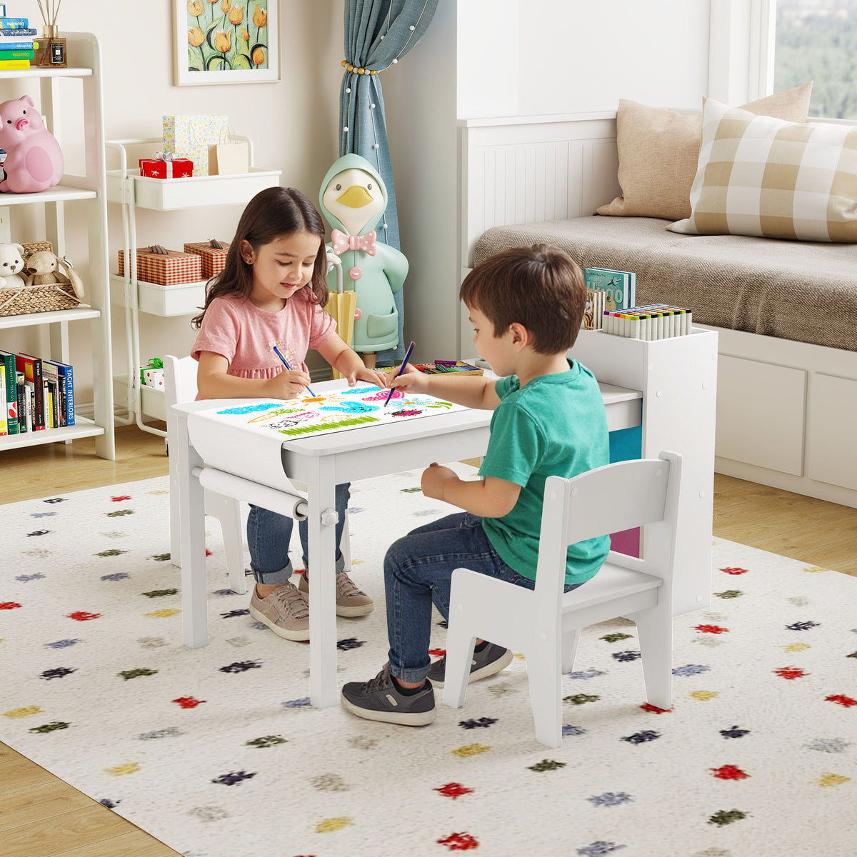 Wooden Kids Art Craft Study Table and Chairs Set with Paper Roll